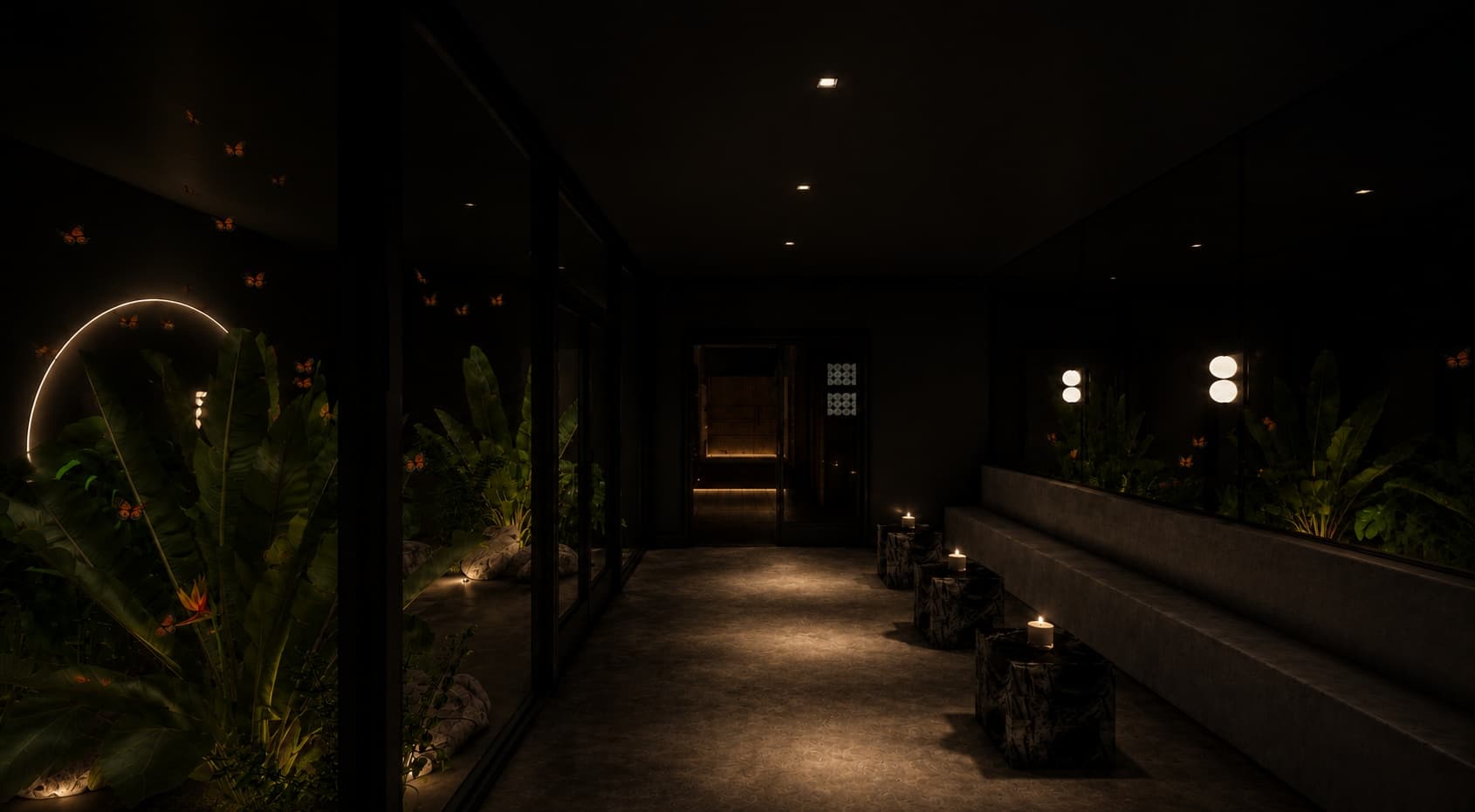 A candlelit corridor lined with tropical foliage and butterflies in the butterfly sanctuary at Composure Club
