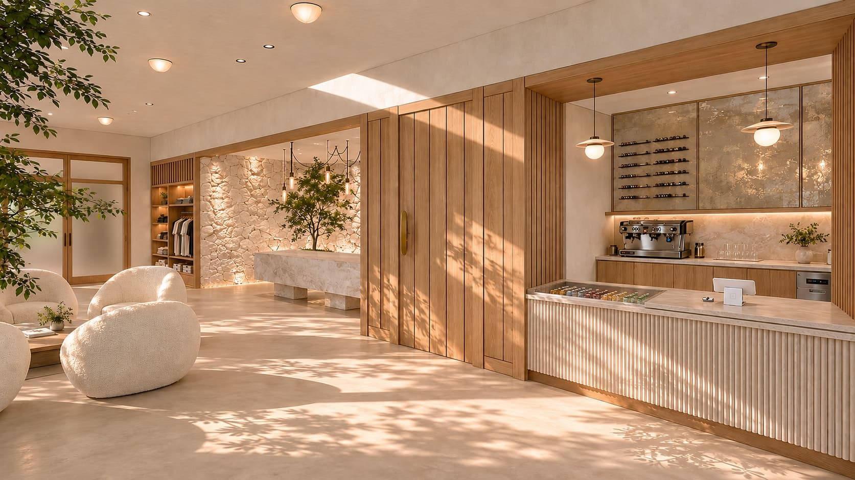 Espresso bar, boucle lounge chairs, and a sunlit retail display in the cafe and lounge at Composure Club
